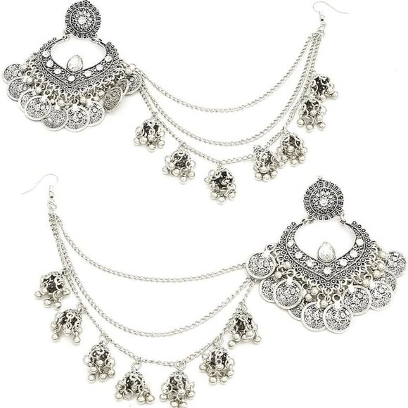 Jewelry - Indian Silver Jhumka Earrings Beads Tassel Dangling Drop Bohemian Jewelry